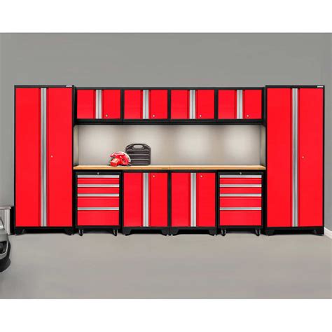 red metal garage storage cabinet